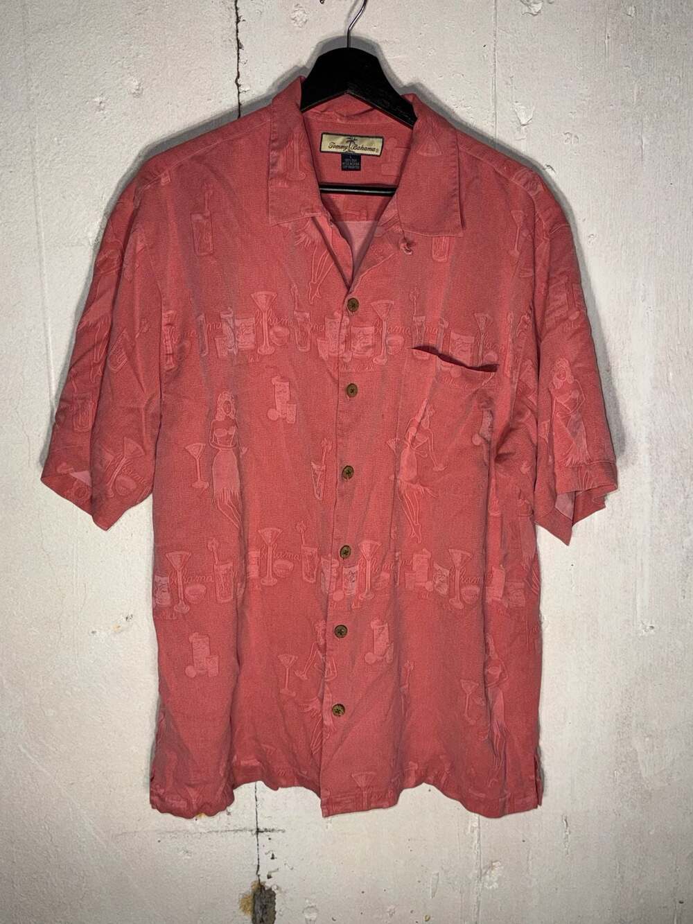 Vintage Tommy Bahama 100% Silk Red Hula Girl & Cocktails Jacquard Camp Shirt